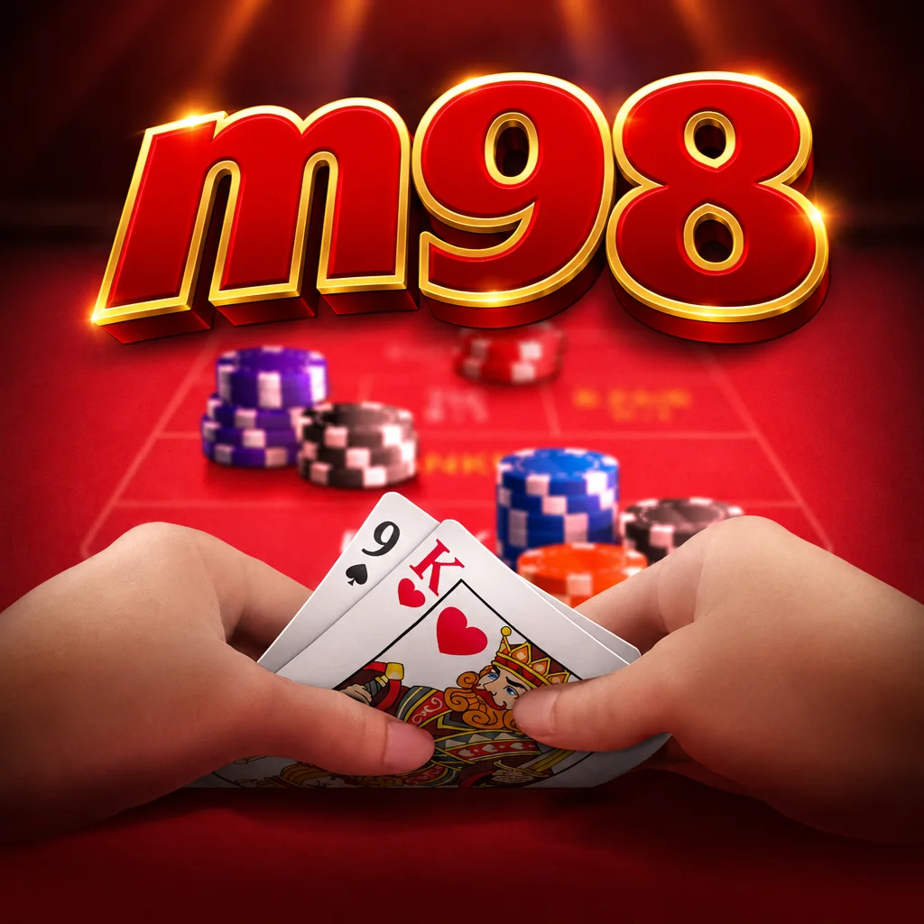 โต๊ะบาคาร่าสีแดงพร้อมไพ่และชิปคาสิโนบน m98 ในเกม Baccarat Deluxe